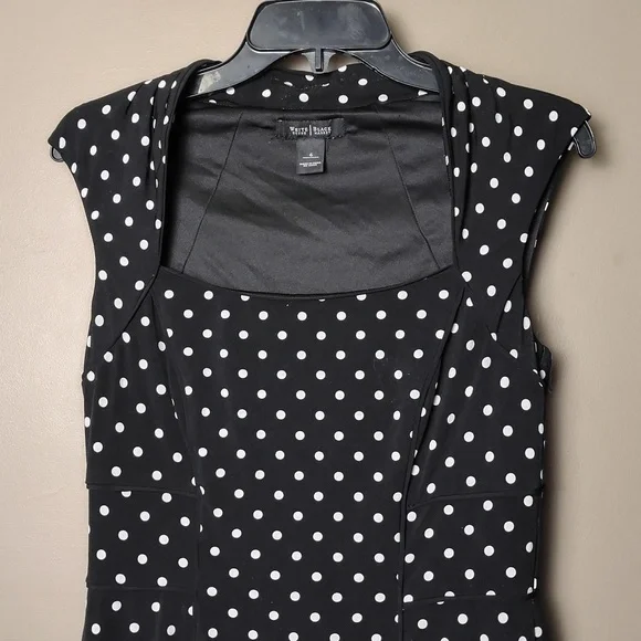 White House Black Market Lined Black Sleeveless Dress W White Polka Dots Size 6 - Picture 3 of 8